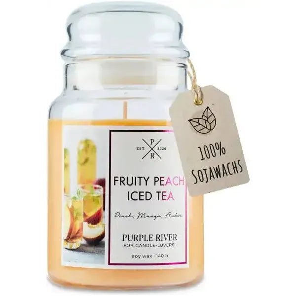 Purple River Duftkerze Fruity Peach Iced Tea - 623g im Glas bis 140 Stunden, handgefertigt - myshop-ffm